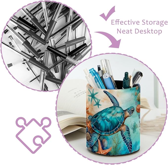 Ocean Turtles and Starfish Pen Holder Pencil Organizer for Desk, 3.1”x 3.1”x3.9” Pencil Cup Office Supplies, Large Capacity Cute Pen and Makeup Brush Holder for School, Desktop