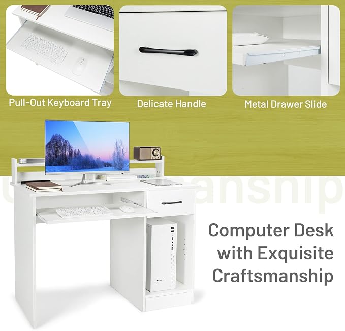 Tangkula White Desk with Drawer & Keyboard Tray, 22 Inch Wide Modern Study Writing Desk with Desktop Hutch & Storage Shelves, Home Office Desk for Teens, Wood PC Laptop Desk, Desk for Bedroom