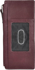 Leatherboss Genuine Leather Women's All in One Credit Business Card Case Holder Slim Zipper Wallet With a Card Protection Strap, Cherry