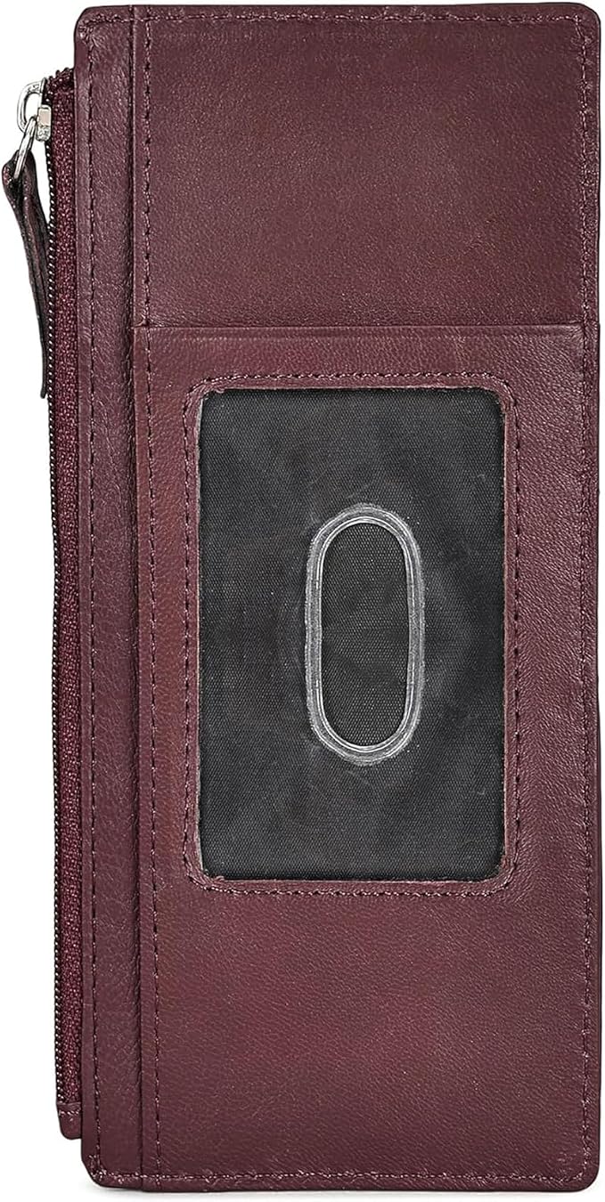Leatherboss Genuine Leather Women's All in One Credit Business Card Case Holder Slim Zipper Wallet With a Card Protection Strap, Cherry