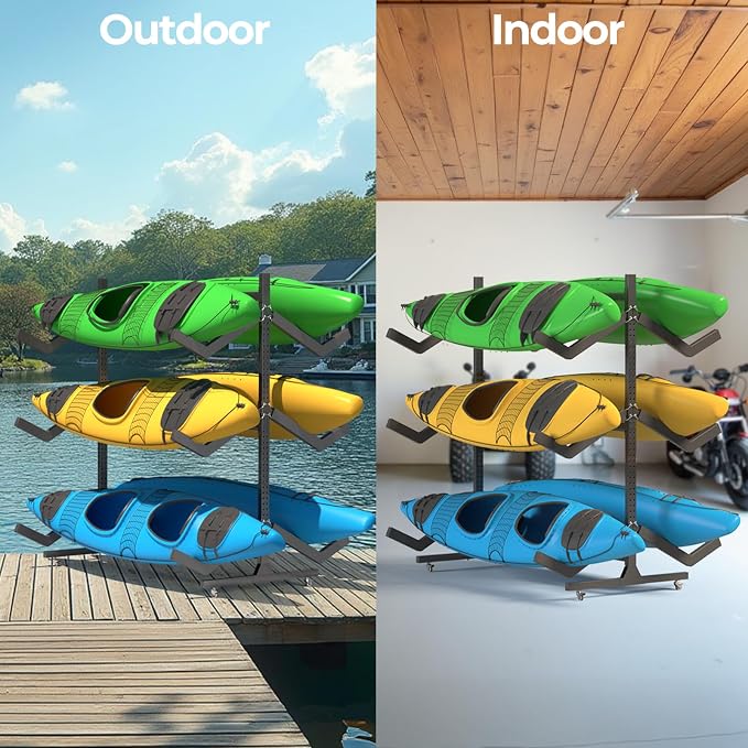 Freestanding Adjustable Kayak Storage Rack, 2 Sides Kayak Bracket, Durable Kayak Rack with Lockable Wheels for Indoor, Outdoor, Garage, Shed, Dock