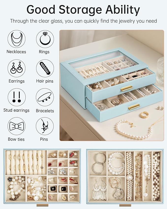 AKOZLIN Jewelry Box with Clear Lid Functional Leather Jewelry Storage Organizer Case 2 Drawers for Women Girls Necklace Ring Bracelet Earring