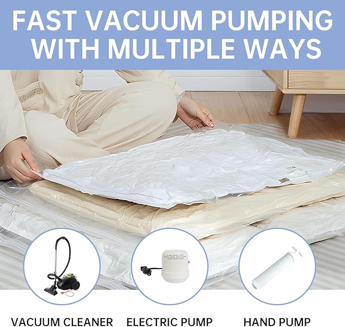 12 Pack Vacuum Storage Bags with Hand Pump, (3 Small, 3 Medium, 3 Large, 3 Jumbo) Vacuum Seal Bags for Clothing, Space Saver Bags for Travel, Luggage Compression Packing