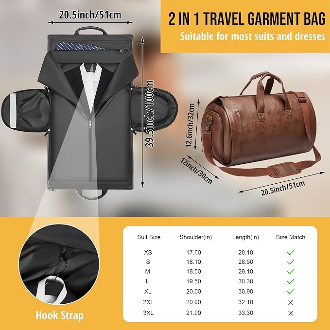 Convertible Garment Bag, Brown | 2-in-1 Hanging Suitcase, Carry on Garment Duffel, Shoulder Strap, Shoe Compartment, Men's Women's Travel