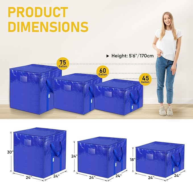 TICONN 6 Pack Extra Large Moving Bags with Zippers & Carrying Handles, Heavy-Duty Storage Tote Moving Boxes for Space Saving (6 PK, 45 Gallon)