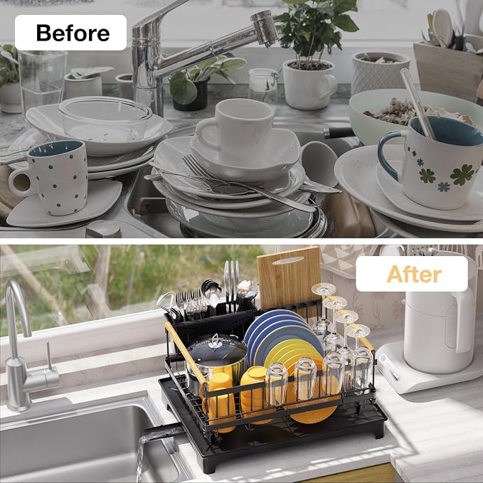 Dish Rack for Kitchen Rustproof Steel Dish Drying Rack for Kitchen Counter Anti-Rust Dish Strainer with Drainboard, Cup Holder, Utensil & Cutting Board Organizer, Heavy Duty Metal | Holds 12 Dishes, Drainboard Set, Cutlery Holder, Rust Resistant, Space...