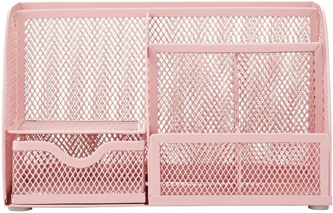 Annova Mesh Desk Organizer Office with 7 Compartments + Drawer/Desk Tidy Candy/Pen Holder/Multifunctional Organizer (Light Pink)