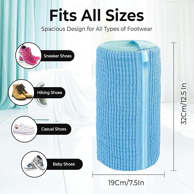 2PCS Shoe Washing Machine Bag with Pair of Shoe Tree and 4 Deodorizer Balls, Durable Zipper Reusable Shoe Washing Bag with 20000+ Fluffy Fiber Lining For 360° Cleaning for Sneakers (Blue)