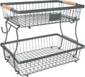 Fruit Basket Bowl 2 Tier Detachable with 2 Banana Hangers, Fruit Stand Holder for Kitchen Countertop, Metal Wire Vegetable Storage Organizer, for Bread Snack Veggies Produce, gray