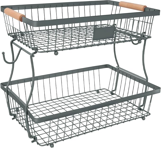 Fruit Basket Bowl 2 Tier Detachable with 2 Banana Hangers, Fruit Stand Holder for Kitchen Countertop, Metal Wire Vegetable Storage Organizer, for Bread Snack Veggies Produce, gray