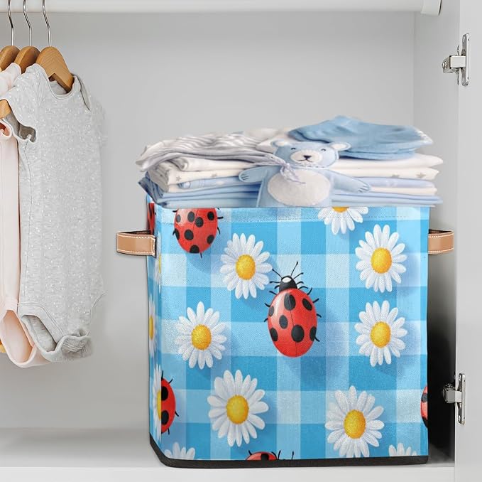 TropicalLife Flower Ladybugs Checkered Storage Cube, 13 Inch Fabric Cube Storage Organizer Bin for Shelves Clothes, Decorative Foldable Storage Boxes