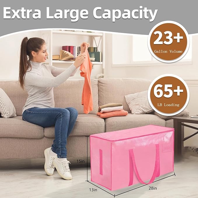 6 Pack-Extra Large Heavy Duty Moving Bags - Waterproof Storage Totes with Handles & Zippers, Foldable for College Dorm, Storage (Pink)