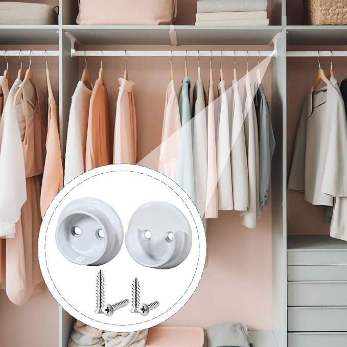 Yaocom 4 Pairs Matte White Metal Closet Rod Bracket Set Heavy Duty Closet Pole Socket Accept 1-3/8 Diameter with Screw on Attachment for Wardrobes Shelf