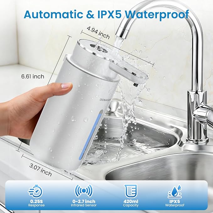 Automatic Foaming Soap Dispenser Touchless, 15oz/420ml USB-C Rechargeable Hand Soap Dispenser, 6-Level Adjustable Foam, IPX5 Waterproof, Wall Mount or Countertop for Bathroom Kitchen, Silver