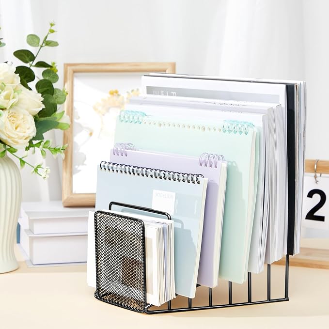 4 Pcs 7 Section Wire File Organizer for Desk, Metal Mesh Incline File Holder, Letter & Magazine Folder Rack, Desktop Paper Sorter for Home Office Back to School (Black)