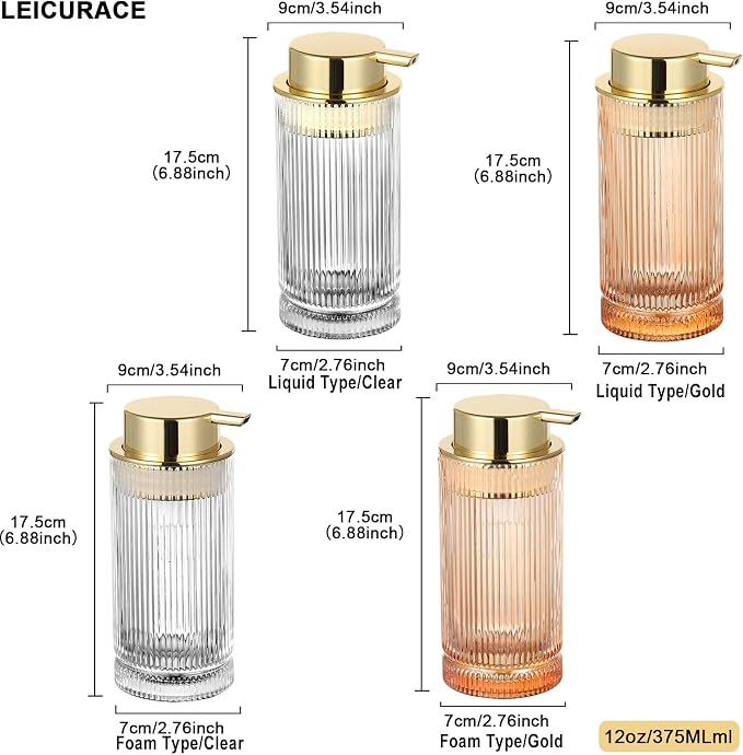 Glass Foam Soap Dispenser, Refillable Foaming Dispenser with Gold Pump, Foam Hand Soap Dispenser for Bathroom Kitchen, Modern Home Bathroom Kitchen Decor （Foam Type/Clear）