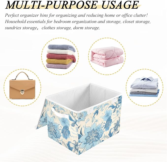 Blue Line Flowers Lidded Storage Bins with Handles - 16.5"x12.6"x11.8" Foldable Organizing Box, Oxford Fabric & Honeycomb Board, Dust-Proof Flip Lid for Closet/Office