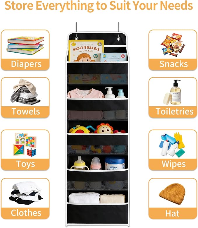 Over the Door Organizer, Door Storage Organizer with Large Capacity Pockets, Hanging Shelves for Bedroom, Closet, Dorm, Pantry (Black, 5-Tier)