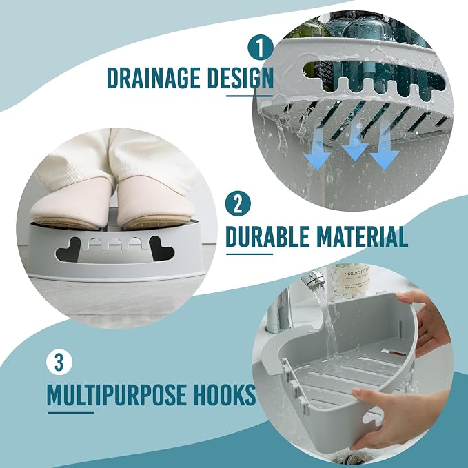 TAILI Corner Shower Caddy Organizer, Plastic Shower Caddy Suction Cup Bathroom Organizer Storage Basket Wall Mounted Organizers For Shampoo, Conditioner, Drill-Free Removable (2 Pack)