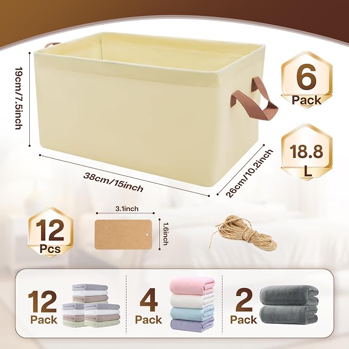 15" Long Fabric Storage Bins 6 Pack, with Handles for Shelves | Collapsible closet organizer bins, sturdy metal frame, 12 labels + twine, for clothes, toys, shelves.