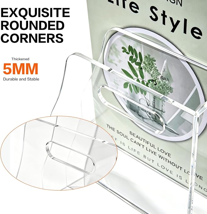 Acrylic Magazine File Holder with Carrying Handle, 5 Vertical Compartments Desk File Organizer, Clear File Sorter for Office, Magazines, Books, B5 Size