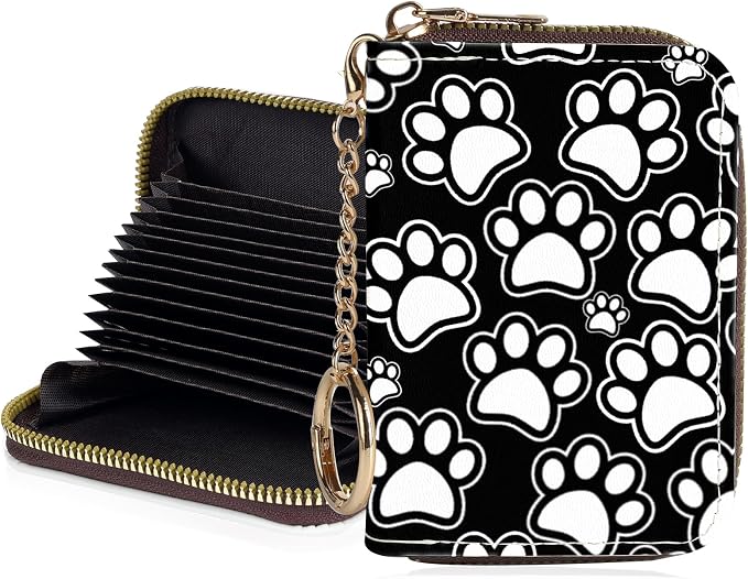Credit Card Holder for Women,Small Rfid Wallet with Keychain Zipper,Cute PU Leather Card Case Wallet，Accordion Credit Card Wallets Gift,Black and white paw prints
