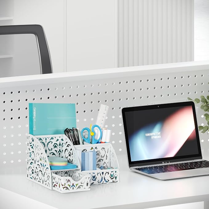 EasyPAG Desk Organizer and Pen Holder for Desk, Mesh Office Supplies Storage Caddy with Drawer for Small Space, Desktop Organizer for Home Office, White