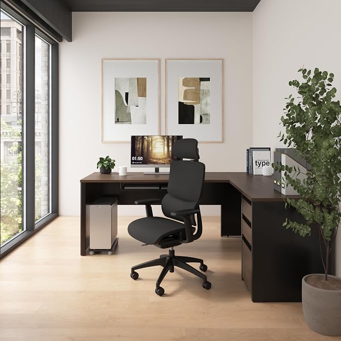 Bestar L Shaped Desk with Drawers and Keyboard Tray, Executive Workstation for Home or Professional Office, 72 Inches, Connexion Collection, Antigua and Black | With Drawers and Keyboard Tray; The Bestar Connexion L Shaped Desk with Drawers presents a ...