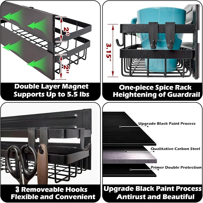 Magnetic Spice Rack Organizer for Refrigerator, Pack of 2, Fridge Organizer Shelf, Refrigerator Organizers and Storage, Multi Use Kitchen Magnetic Shelf,11.8″x4.5″x4.3″,Black