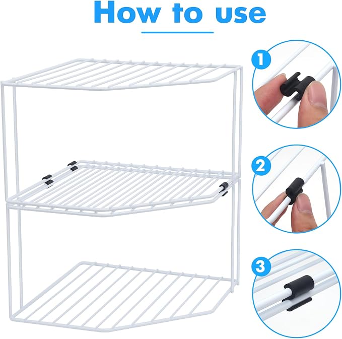 AKAZA 2Pcs 2-Tier Corner Stackable Organizer Shelf for Kitchen - Cabinet Storage Shelf Rack, Shelves，Kitchen Counter and Cabinet Shelf, Storage Rack Organizer (White)