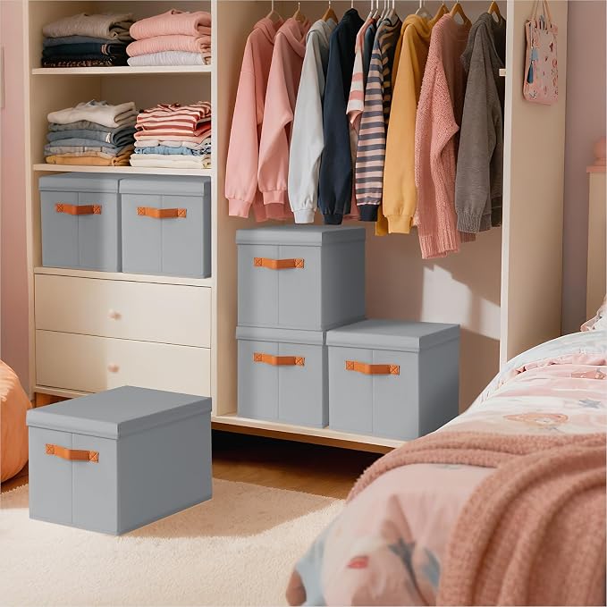 Homsorout Storage Bins with Lids - Large Fabric Closet Bins with Lid, 5 Pack Clothes Organizers and Storage, Collapsible Stackable Cube Basket for Home, Office, Dorm, Grey
