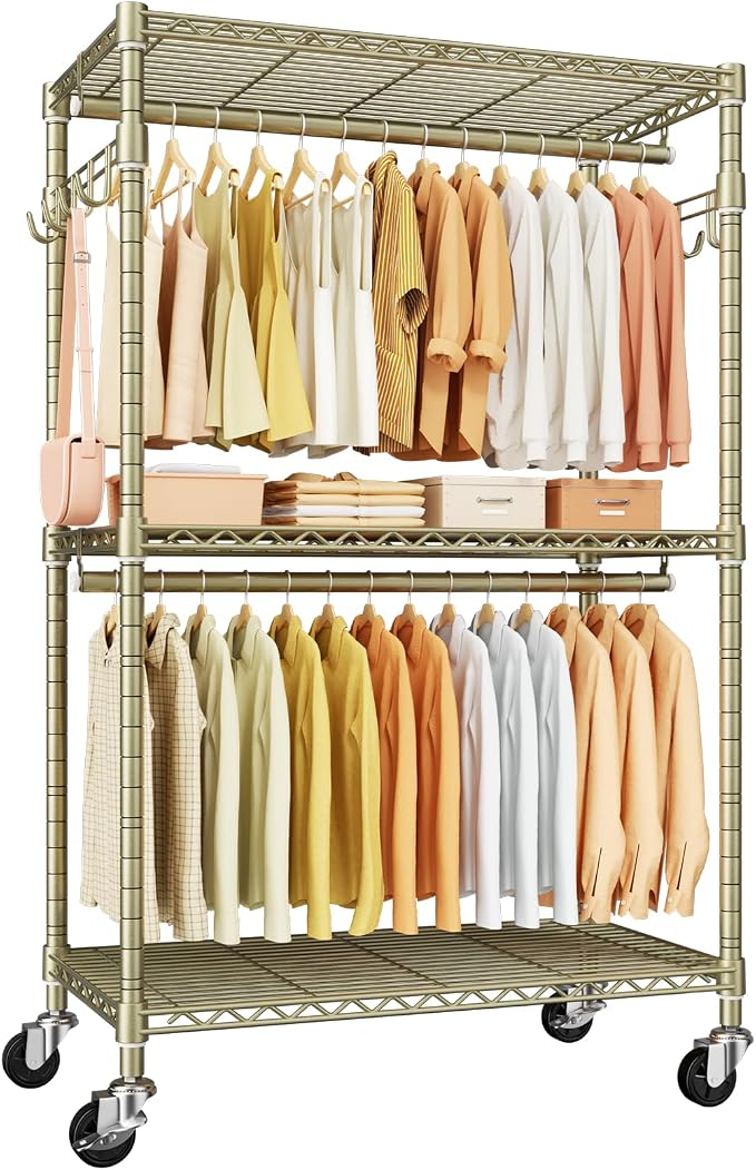 ULIFHOME P1 Rolling Clothes Rack, Portable Wardrobe Closet with Wheels, Heavy-Duty Closet Clothing Rack for Hanging Clothes, 35.5" W x 15.7" D x 80.5" H, Hold 500lbs, Gold