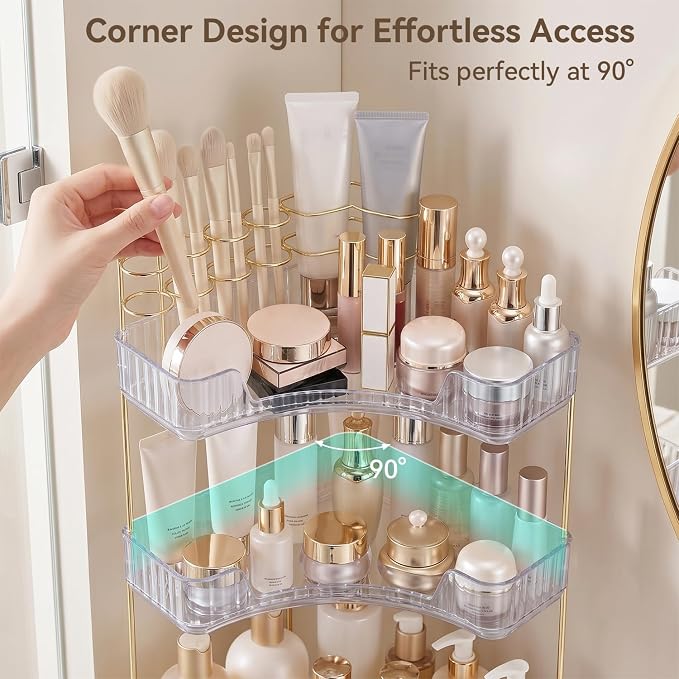 3-Tier Corner Bathroom Counter Organizer with Makeup Brush Holder, Clear | Large Makeup Organizers for Vanity, Corner Bathroom Countertop Organizer for Cosmetic Perfume Skincare Storage