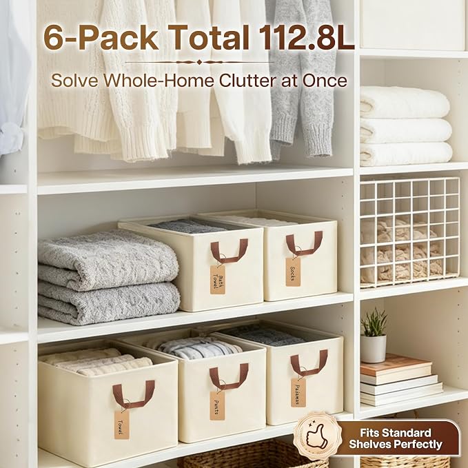 15" Long Fabric Storage Bins 6 Pack, with Handles for Shelves | Collapsible closet organizer bins, sturdy metal frame, 12 labels + twine, for clothes, toys, shelves.