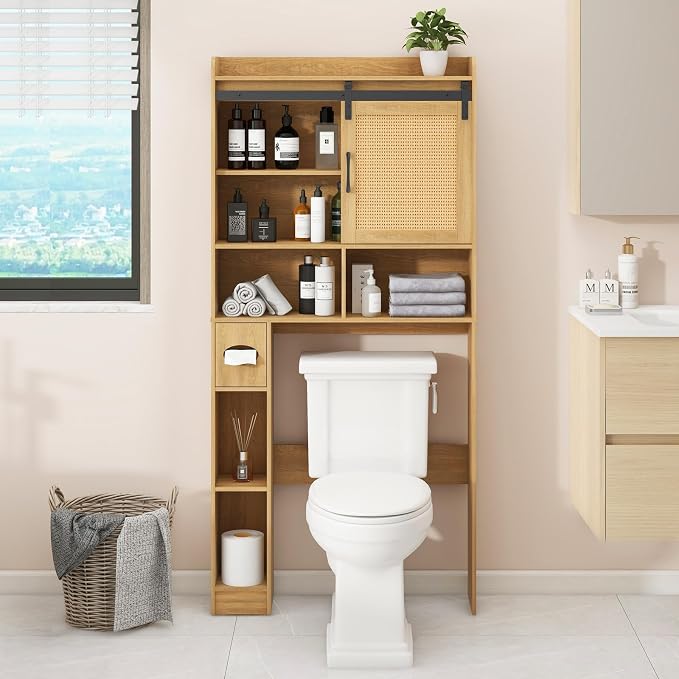 Vabches Over The Toilet Storage Cabinet with Sliding Barn Door. Rattan Oak | Farmhouse Storage Cabinet with Toilet Paper Holder Stand, Home Space-Saving Toilet Rack, for Bathroom, Restroom, Laundry