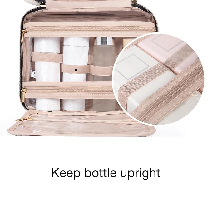 BAGSMART Toiletry Bag Travel Bag with Hanging Hook, Water-resistant Makeup Cosmetic Bag Travel Organizer for Accessories, Shampoo, Full-size Container, Toiletries (Camel, Large)
