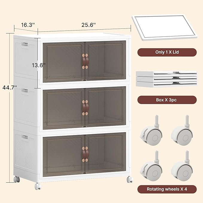 660QT Extra Large Stackable Storage Bins with Lids & Wheels & Door, 165Gal Foldable Collapsible Closet Organizers, Plastic containers drawers for bedroom Dorm