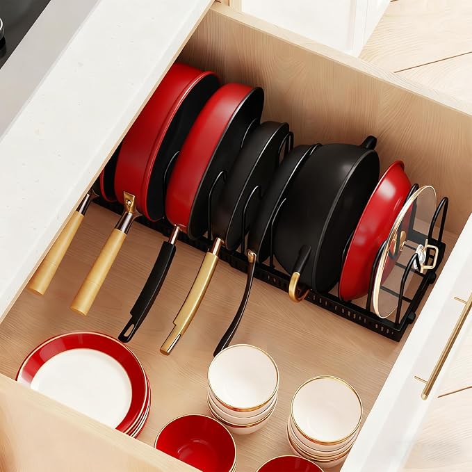 2 Pack Expandable Pot and Pan Organizer (11.8"-23") for Kitchen Cabinet - Under Sink Storage Rack with 13 Adjustable Dividers for Lids, Baking Sheets - Black & White, Tool-Free Assembly