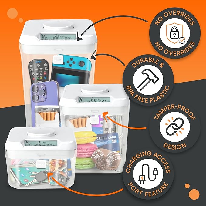 kSafe Time Locking Container Medium – Phone Lock Box, Snack Safe, Self-Control Timer Box, BPA-Free Plastic, No Overrides, 5.5” W x 5.5” H, White Lid, Clear Base