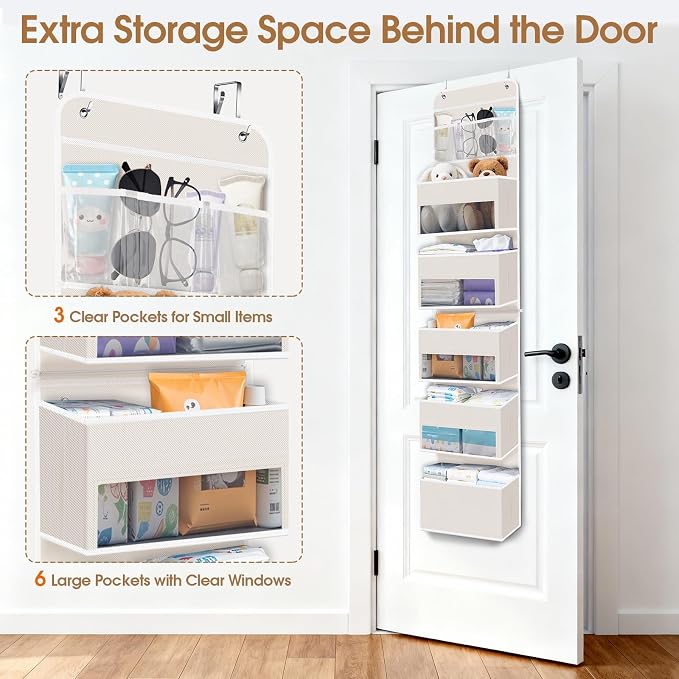 WISELIFE 6-Tier Over The Door Organizer Storage Detachable Design Door Hanging Storage Organizer with Clear Window Behind The Door Storage for Nursery Bedroom Bathroom Pantry Closet Beige