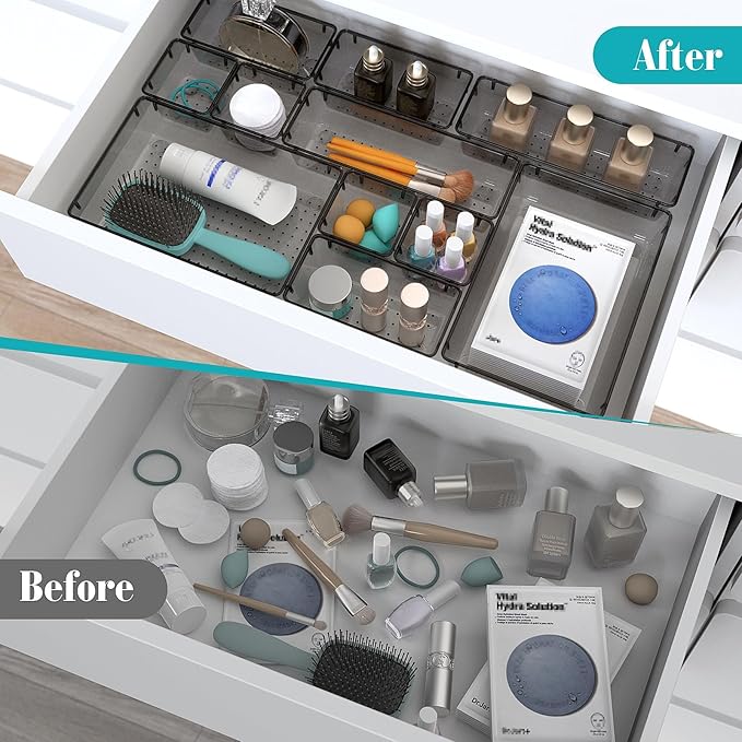 StorMiracle 28 PCS Clear Plastic Drawer Organizers Set, 4 Size Desk Drawer Organizer Trays for Makeup, Jewelry, Kitchen Utensils, Gadgets and Office Accessories, Black