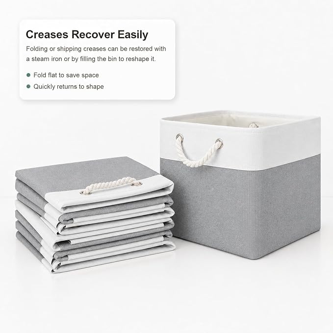 11x11 Inch Cube Storage Bins, 8 Pack Collapsible Fabric Storage Cubes with Rope Handles, Waterproof Foldable Storage Baskets for Cube Shelves, Closet, Clothes, Toys, Books, White & Gray