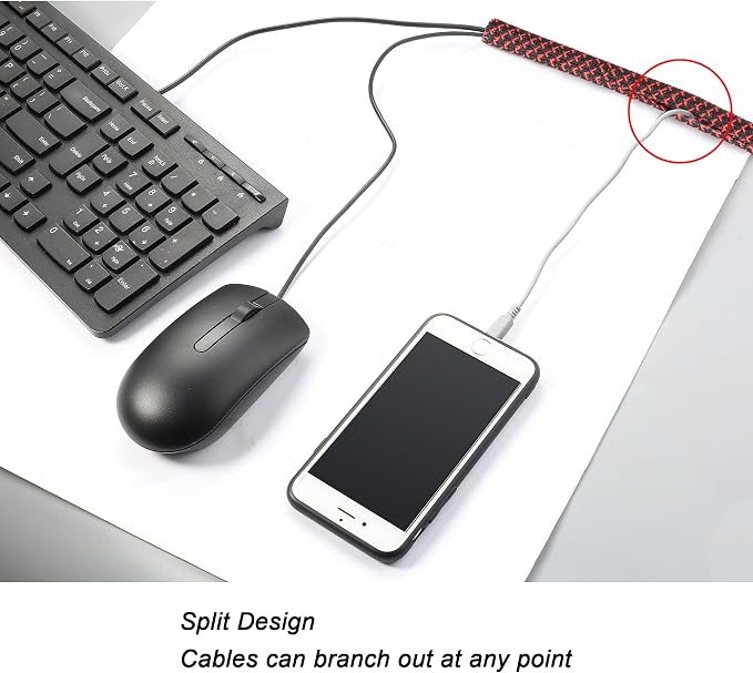 Cable Management Sleeve, Split Design, 10FT - 1/2 Inch, Black/Red | Cord Protectors from Pets | Heat & Abrasion Resistant Wire Loom | Automotive Wiring & Home Office Cable Organization