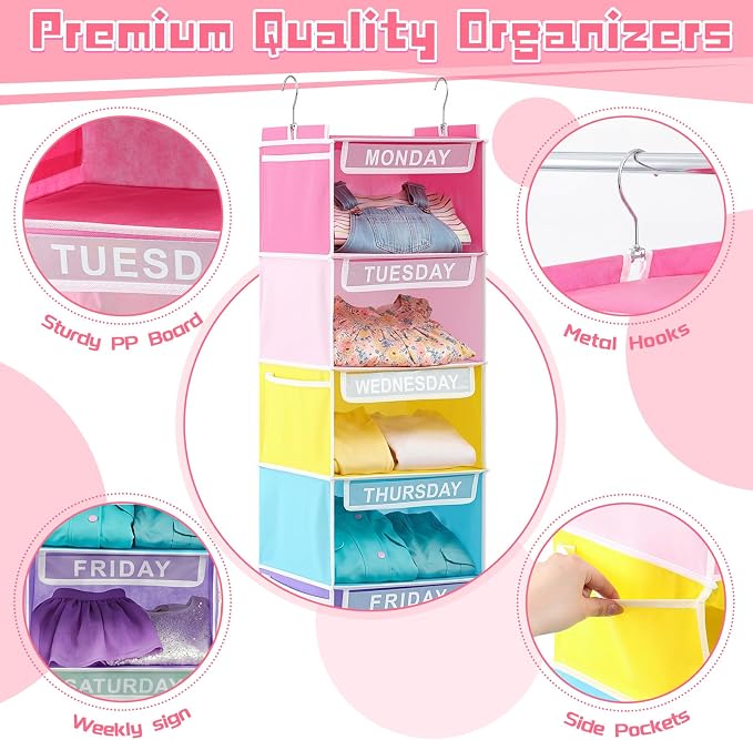 Amylove 2 Pcs 7 Shelf Weekly Clothes Organizer for Kids Hanging Closet Organizer 11. 8 x 11. 8 x 50 Inch Daily Activity Kids Clothes Storage Drawers Cube Drawers Closet Hanging Shelves (Pastel Color)