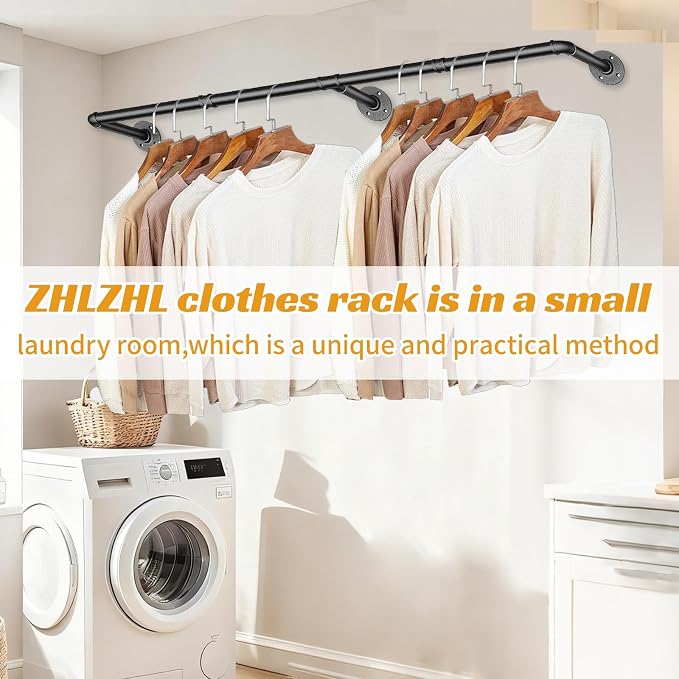 60 INCH Industrial Pipe Clothes Rack,Wall Mounted Clothes Rack,Metal | 150lbs Max Heavy Duty Clothing Rack,Powder Coating Surface,Space-Saving Hanging Rod for Laundry Room,Bedroom,Closet Storage