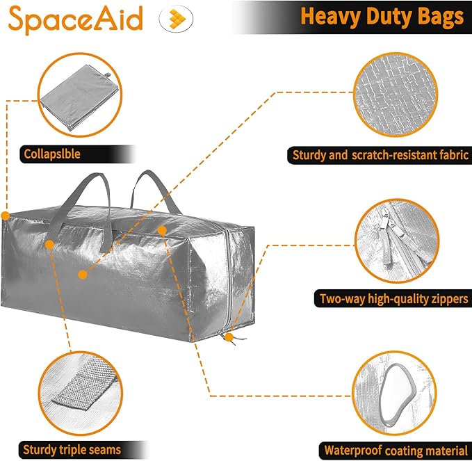 SpaceAid Heavy Duty Moving Bags, Extra Large Storage Totes W/Backpack Straps Strong Handles & Zippers, Alternative to Moving Boxes, Packing & Moving Supplies, Gley (6 Pack)