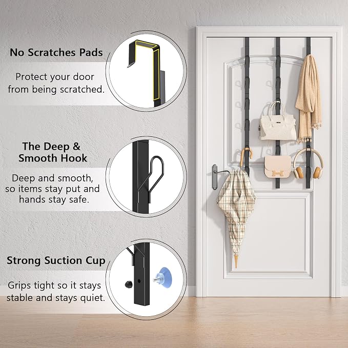 TOMIR Over The Door Hooks 3 Pack, Door Coat & Bag Hanger, Over The Door Purse Organizer, Clothes Hanger, and Towel Holder, Noiseless & No Scratch, 28.3 Inches,Black