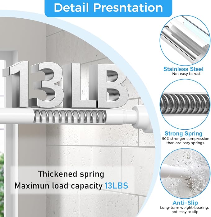 Shower Curtain Rod 31-49 Inch,7/8"Diameter Adjustable Spring Tension Curtain Rods No Drill,Ivory White Shower Tension Rod for Bathroom,Room Divider,Window,Anti-Rust Non-Slip 1-Pack