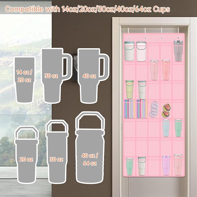 NiHome 35 Pockets Door Hanging Cup Organizer Fit for Stanley Tumblers, Pink | Large Capacity Over the Door Water Bottle Organizer in Kitchen, Pantry, Classroom, Elastic Mesh Secure Storage Cup Holder