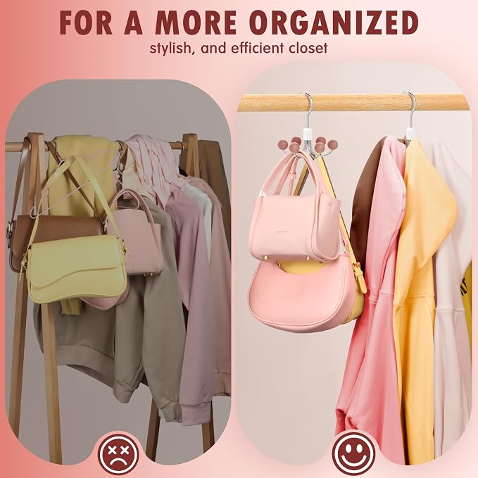 DOIOWN Purse Organizer,4 Pack Space Saving Purse Hangers for Closet,Multi Purpose Rotating Tank Top Hangers for Bags, Bras,Scarfs,Ties, Hoodies, Hat Closet Organizers and Storage